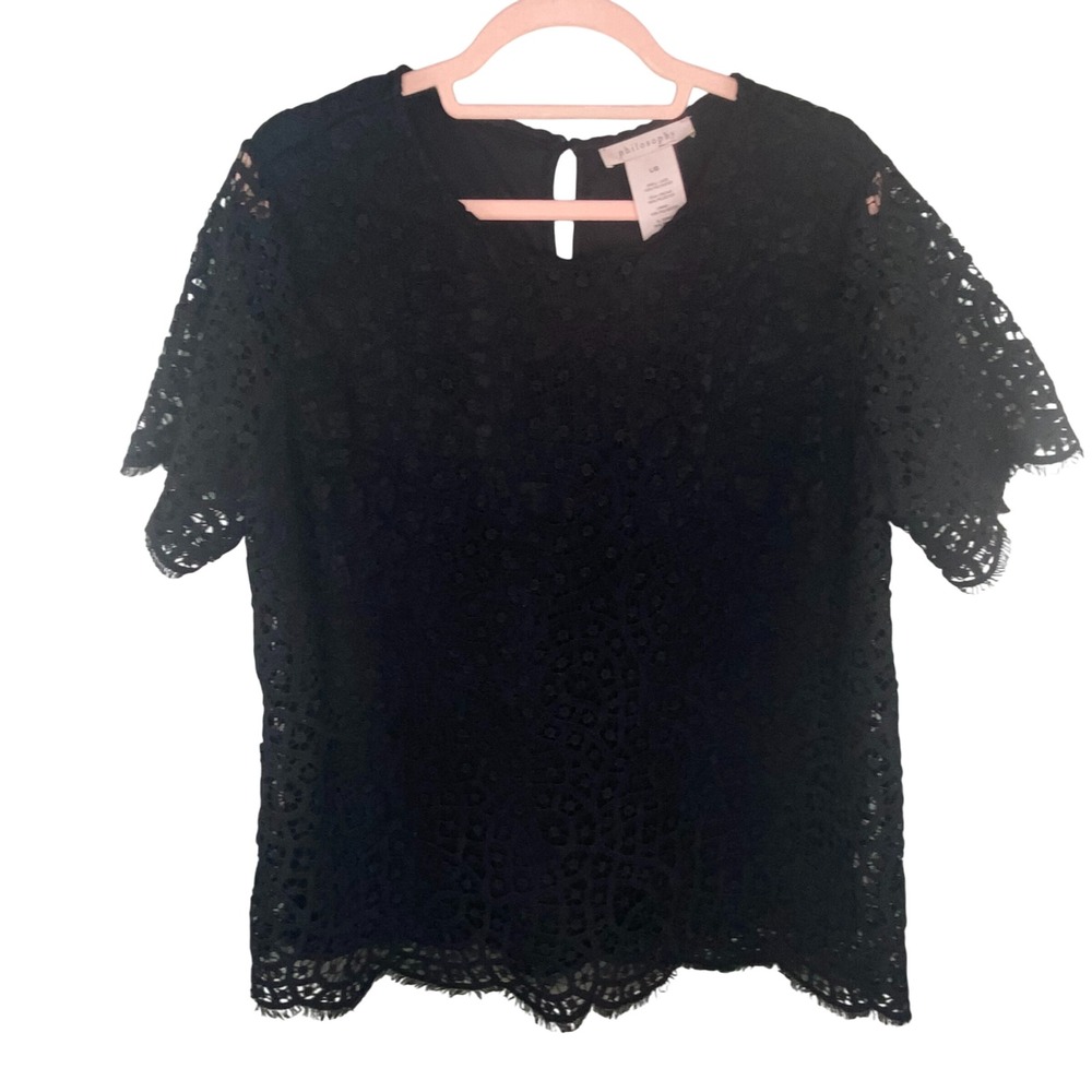 Philosophy Lace Top Women Sz L Black Short Sleeve Lined Scalloped Hem Fairy Goth - Picture 1 of 11